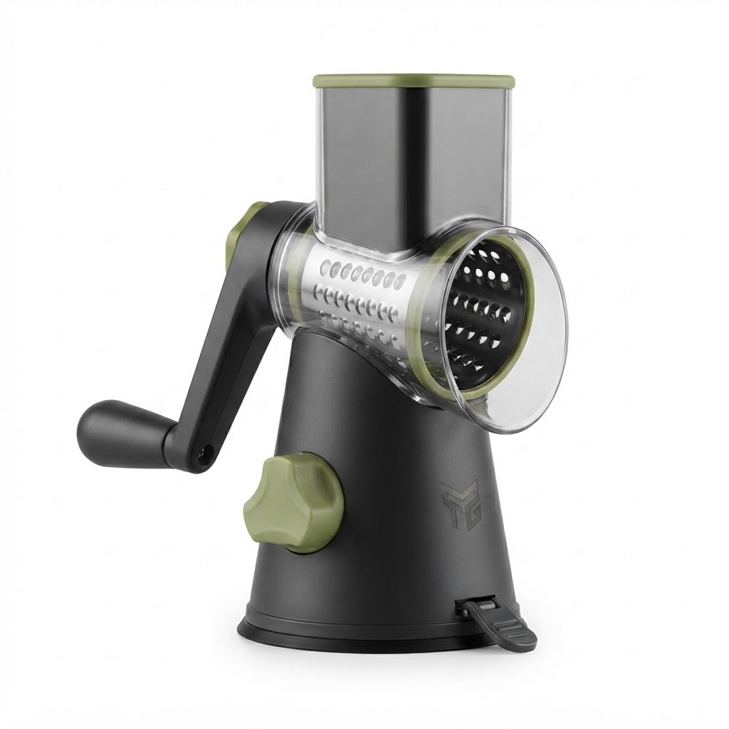 Product 1 (1) MTG INC 3-in-1 Rotary Cheese Grater and Vegetable Slicer with Suction Base - Image 1